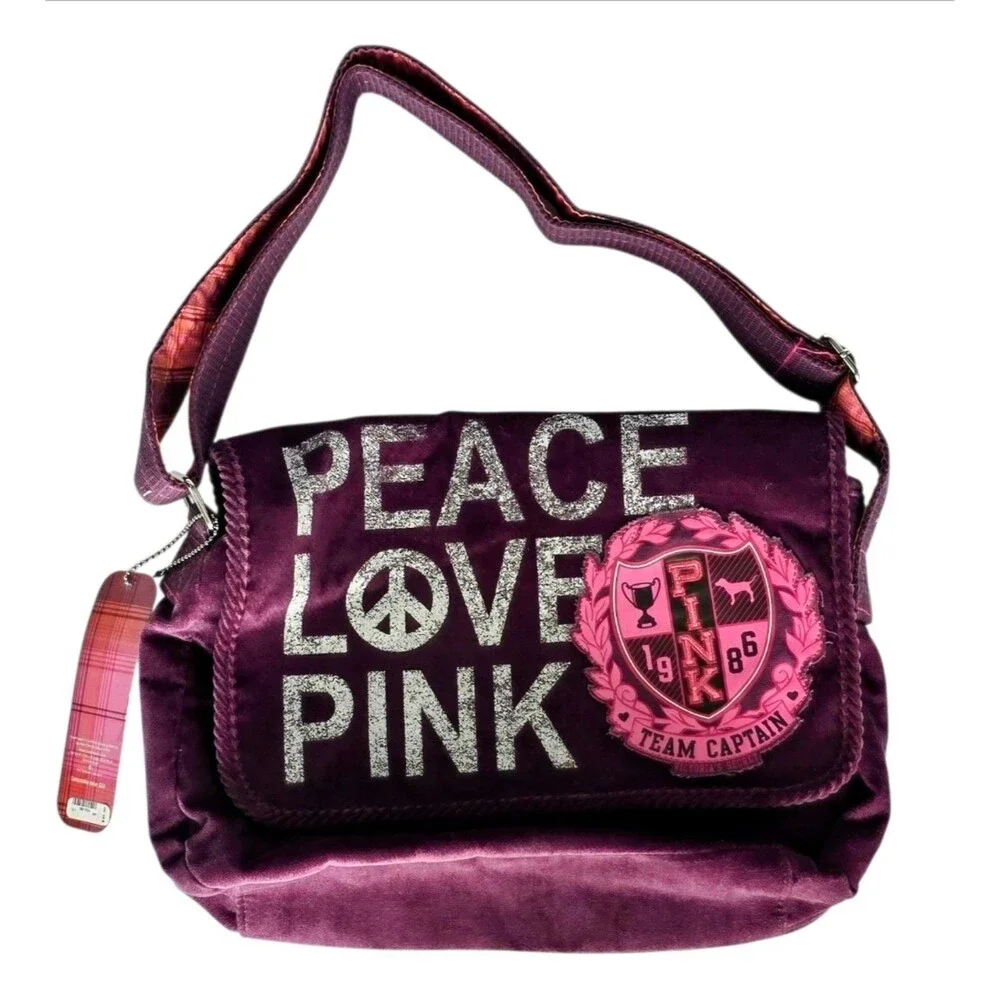 1x VICTORIA' SECRET Y2K PINK PEACE LOVE PINK MESSENGER BAG VELVET Crossbody NEW